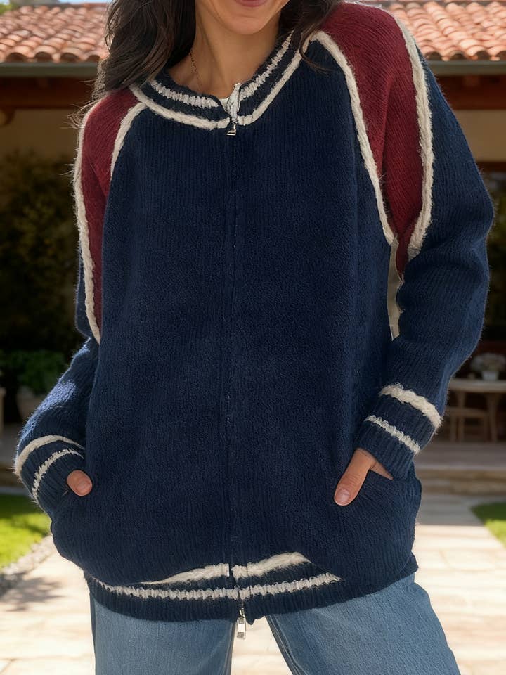 DARKBLUE Color-blocking patchwork woolen zipper jacket for wholesale on Faire0