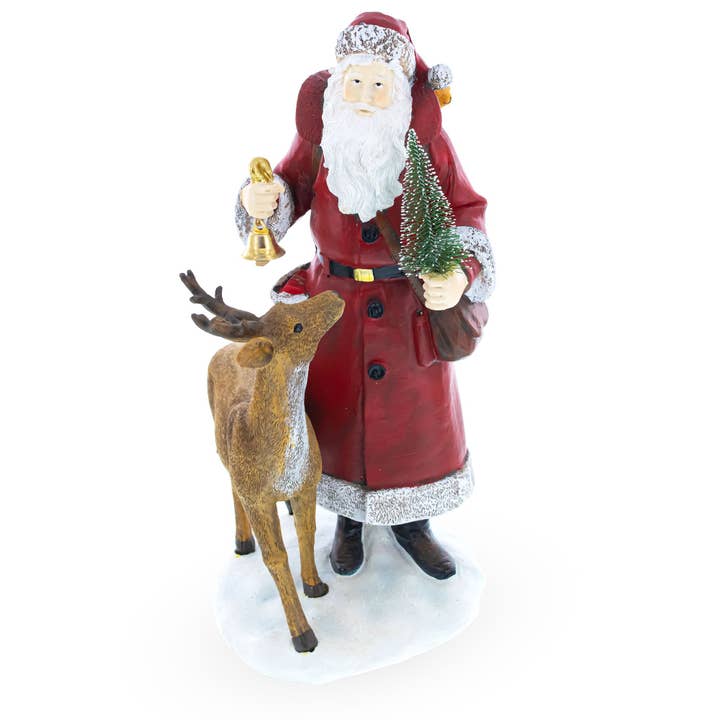 Santa Holding Christmas Tree and Bell by Reindeer Figurine for wholesale by BestPysanky