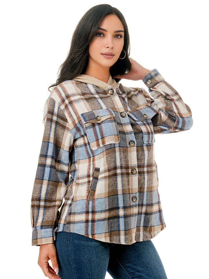 Color 5 – Großhandel Hemdjacke/Shacket – Damen – Blau-weiße karierte Flanellhemd mit Kapuze und Taschen