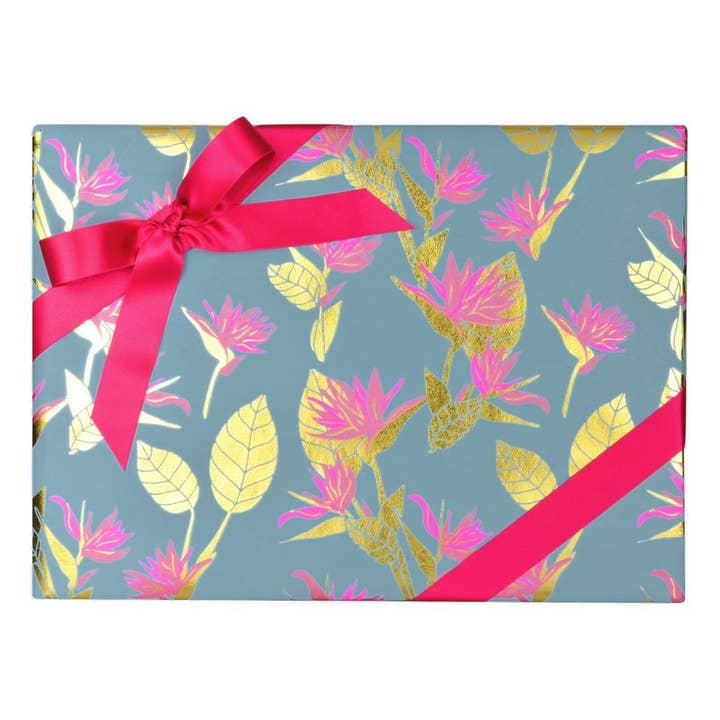 MIDORI Inc. - Wholesale Flat Wrap - Birds of Paradise Blue/Magenta/Gold Foil