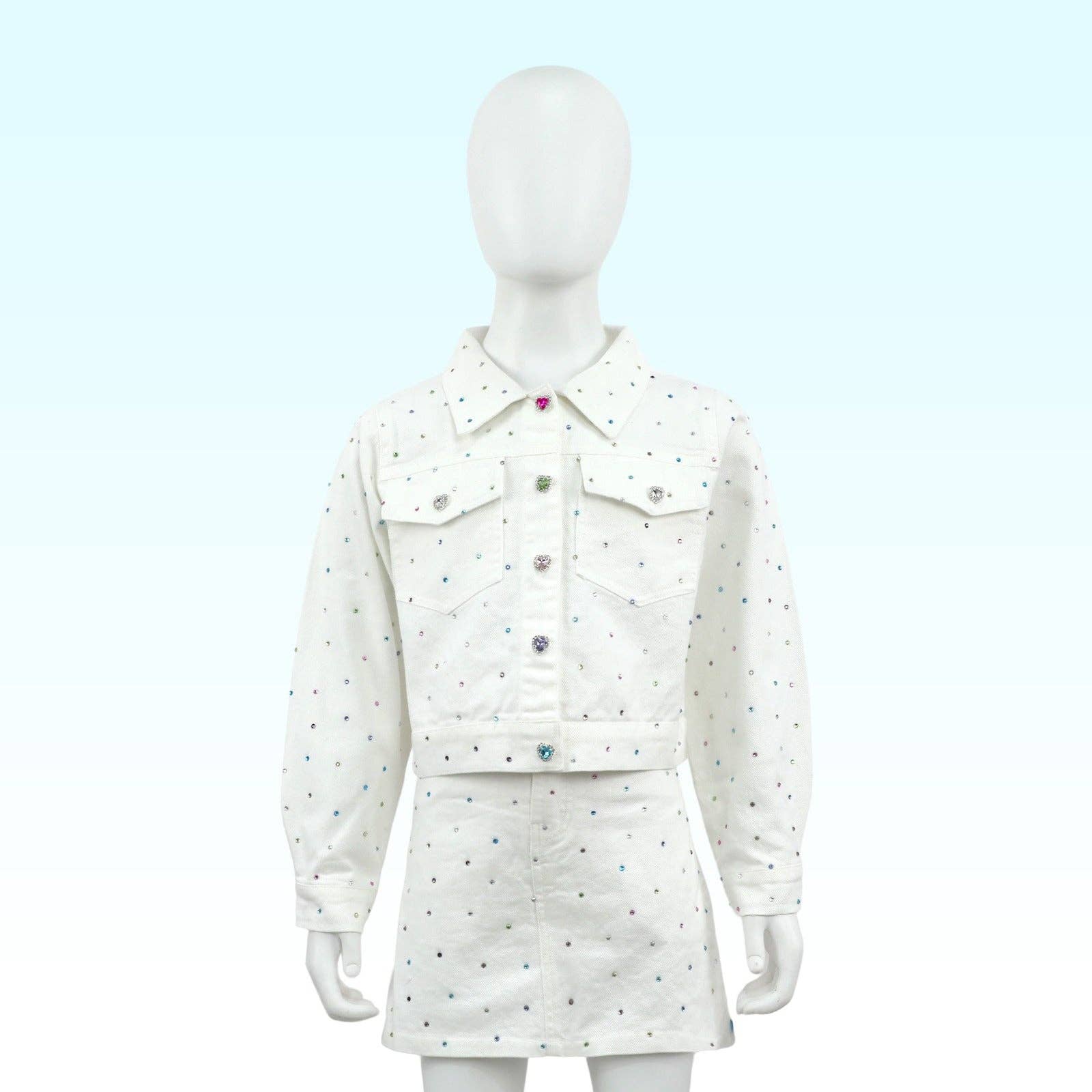 Ellie and Mila - Vente Ensemble haut et jupe – enfant - Ensemble Gemmes en Denim Blanc - Veste et Jupe tendance9