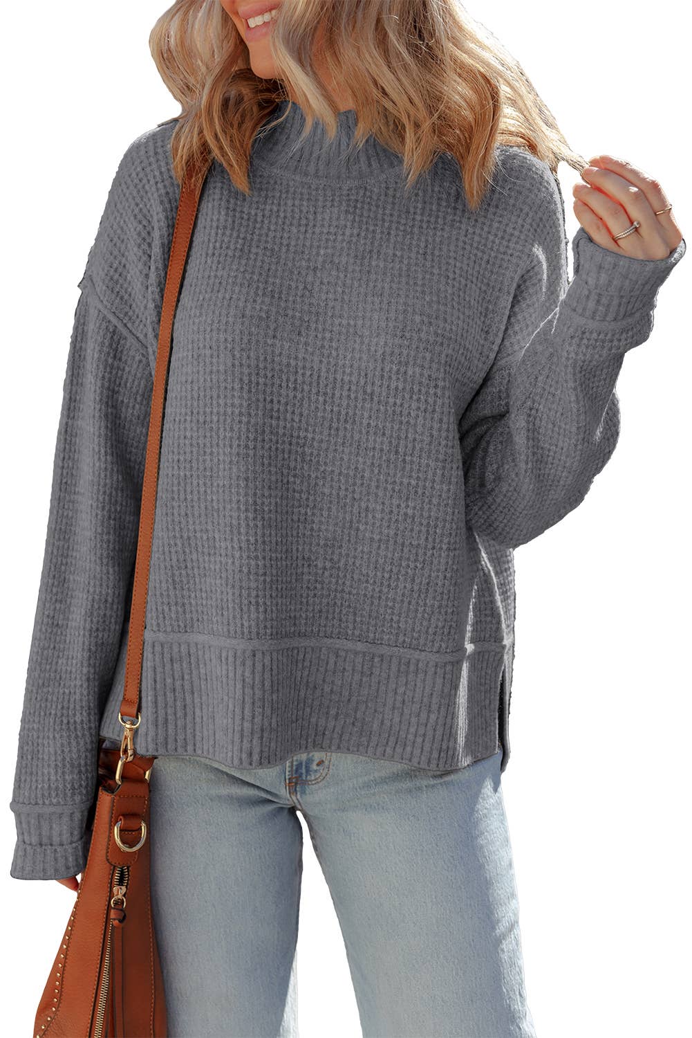 Lovesoft - Wholesale Knit Sweater - Women's - Gray Morn Waffle Texture Knit Ribbed High Neck Drop Shoulder Sweater10