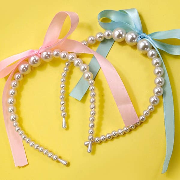 JOSSLYN by wall to wall - Wholesale Fashion Headband - Women's - CHIC PEARL RIBBON BOW HAIR BAND | 40HB1502