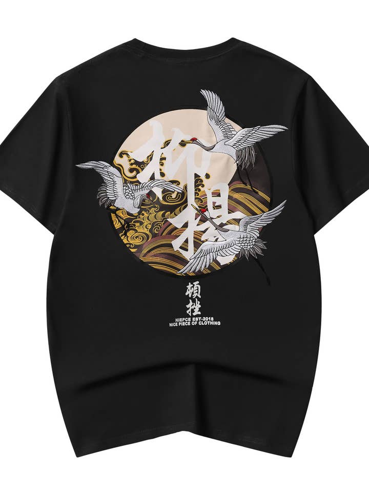 KH806 Movement of Cranes Embroidery Tee for wholesale by niepce