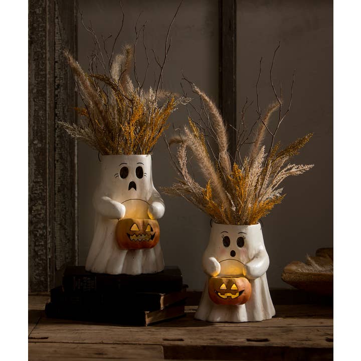Bethany Lowe Designs - Wholesale Decorative Figurine - Sweet Boo With Pumpkin Bucket Paper Mache