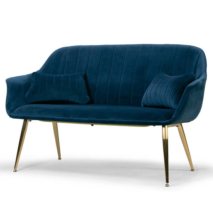Angela Blue Velvet Loveseat with Golden Metal Legs for wholesale by Glamour Home