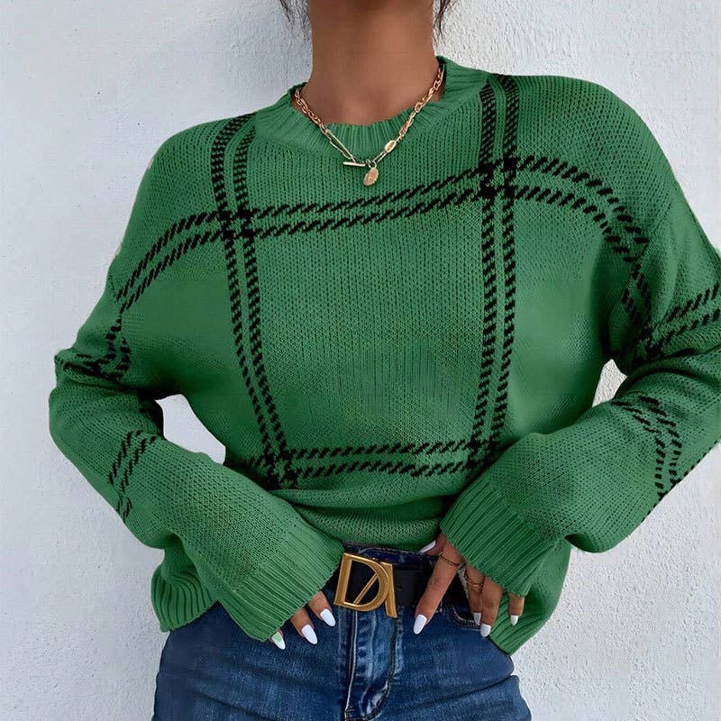 Anna Kaci Wholesale – wholesale Knitted jumper – Women′s – Plaid Pattern Crew Neck Long Sleeve Knit Sweater4