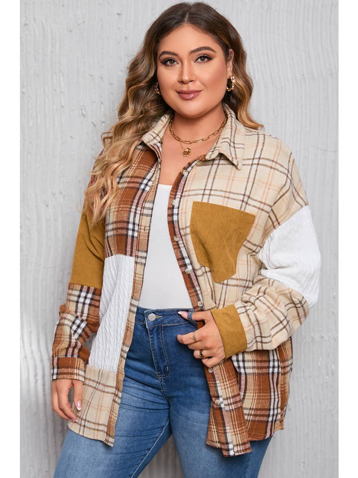 Orange Plaid Color Block Patchwork Corduroy Jacket(S-2XL) for wholesale on Faire