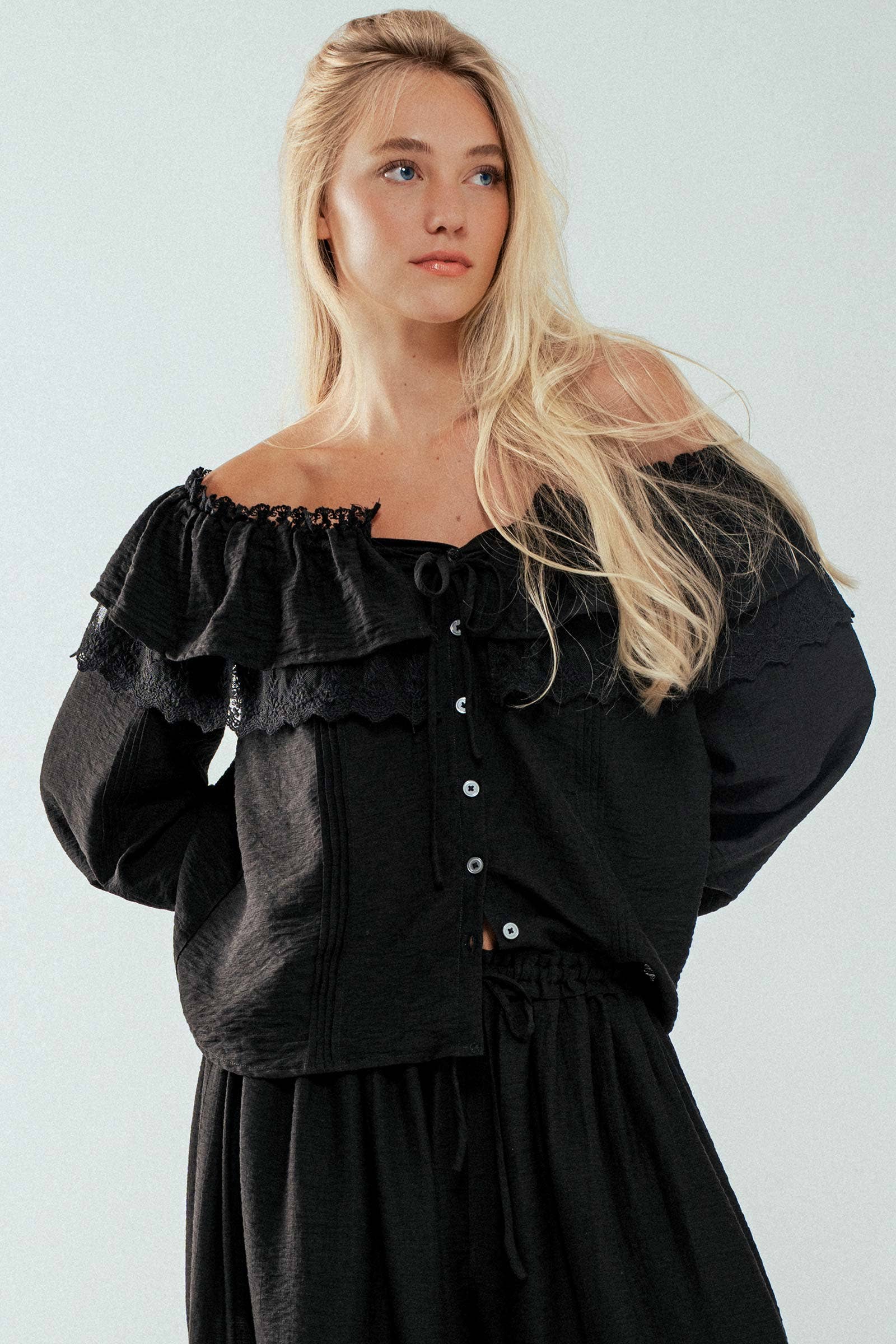 Urban Daizy - Wholesale Blouse - Women's - Lace Trim Ruffle Tie Neck Spring Blouse Top13