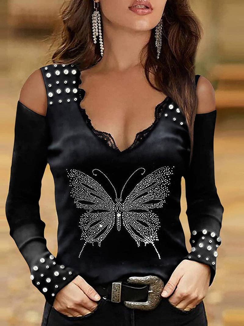 Tourtiwi - Wholesale Blouse - Dames - Metallic halter kanten V-hals strapless top met lange mouwen1