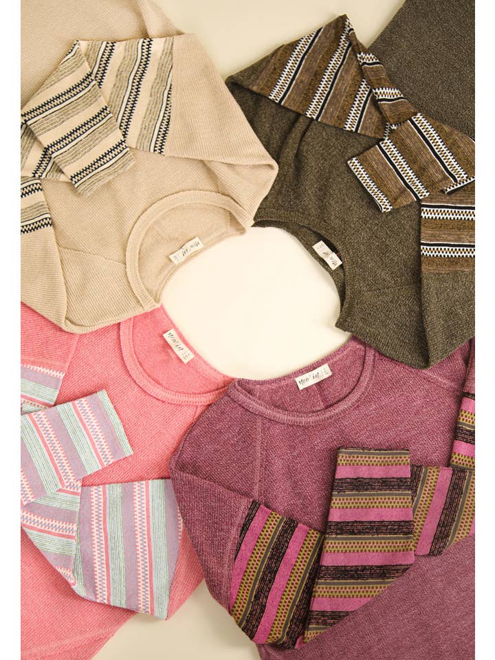 VERY J - Wholesale Knit Top - Women's - NT11706-Contrast Striped Sleeve Detail Casual Knit Top