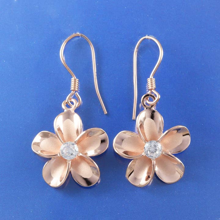 Hawaiian Plumeria Earrings, Sterling Silver Rose-Gold Plated Plumeria CZ Dangle Earrings, Mom Christmas Anniversary Birthday Gift for wholesale by Paradise Treasures Jewelry