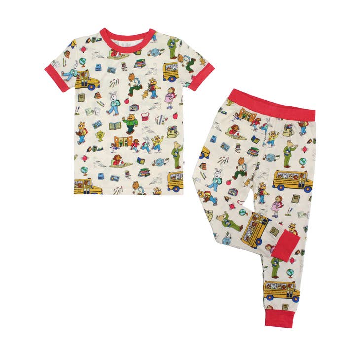 Ensemble de pyjama pour enfants à manches courtes en bambou Arthur™ Retour à l'école pour la vente par Emerson and Friends