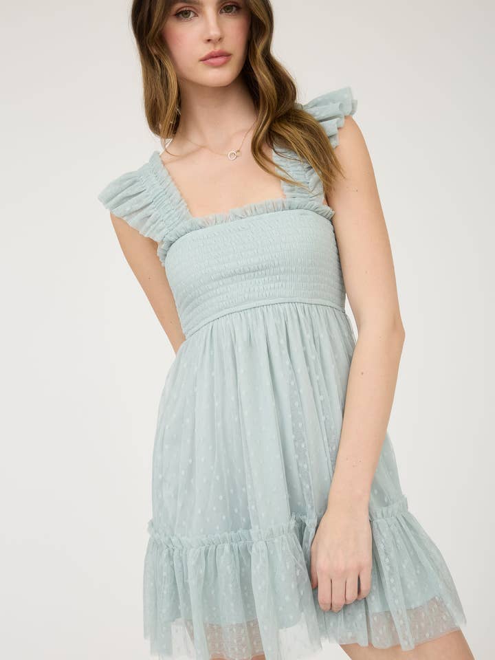 Blu Pepper - Wholesale Dress - Women's - POLKA DOT CHIFFON SMOCKED RUFFLE DETAIL MINI DRESS22