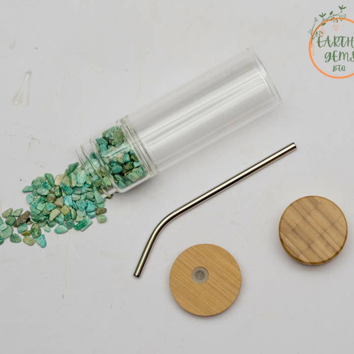Earth's Gems Boutique - Wholesale Water Bottle - Gemstone Glass Water Bottle Cup with Metal Straw