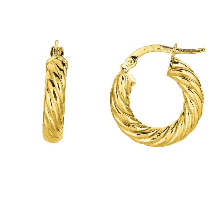 14K Yellow Gold 4.0X10mm Shiny Round Tube Twists Hoop Earring with Hinged Clasp for wholesale by The Diamond Deal