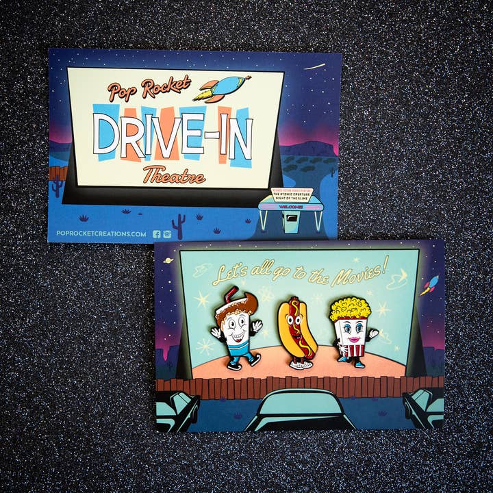 Pop Rocket Creations - Wholesale Lapel pin/button - Drive-In Movie Snacks enamel pin trio1