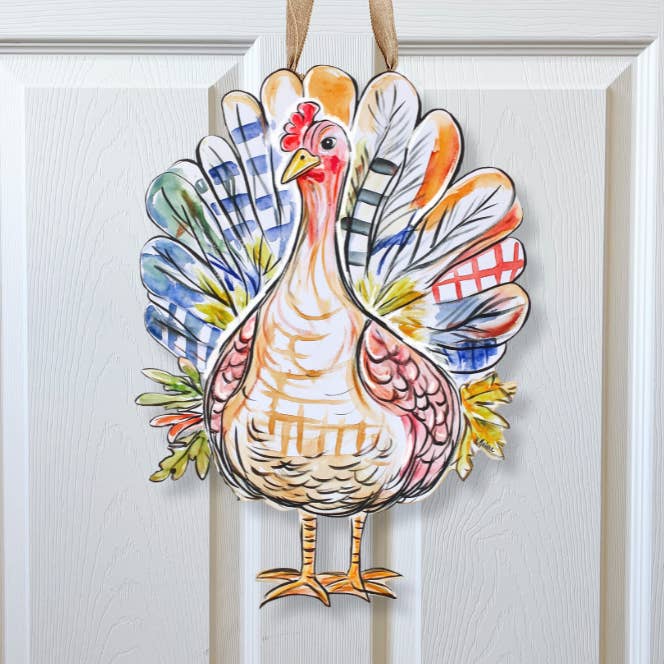 Patchwork Turkey Door Hanger-Thanksgiving Friendly Fun Decor for wholesale by Home Malone