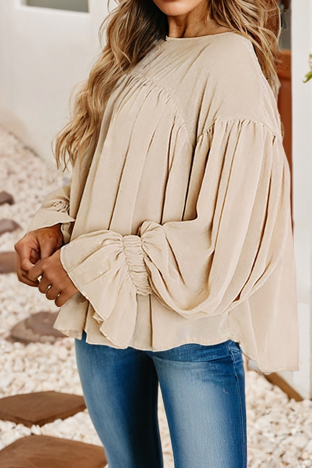 Parchment LDC Pleated Ruffle Long Sleeve Chiffon Blouse for wholesale on Faire3