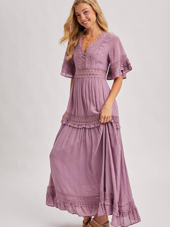 Bluivy - Wholesale Dress – Women's - V-NECK LACE TRIM MAXI DRESS20