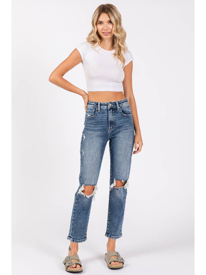 Petra153 - Wholesale Jeans - Women's - P1275M-MD KNEE DESTROYED SUPER HIGH RISE STRETCH MOM JEANS