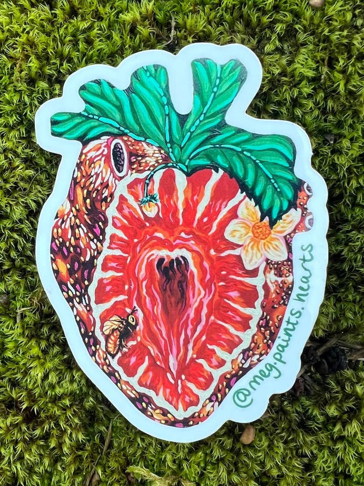 Strawberry Heart Sticker for wholesale by Meg Paints Hearts