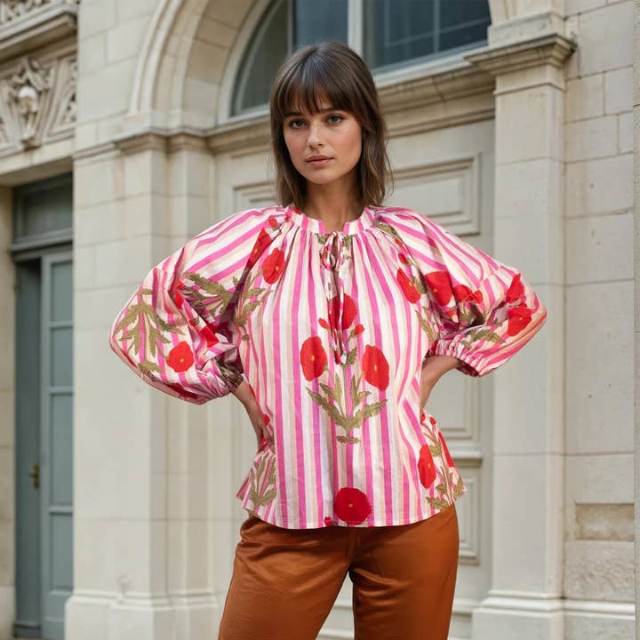 NO-B - Wholesale Blouse - Women's - Bohemian Blouse with Floral and Stripe Patterns | Akola-1