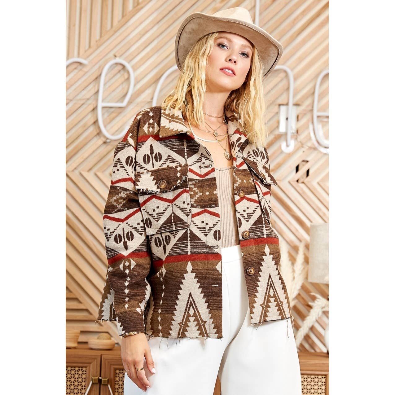 Sweet Generis – wholesale Shirt Jacket/Shacket - Women’s – TRIBAL AZTEC PATTERN BUTTON DOWN SHIRT JACKET4
