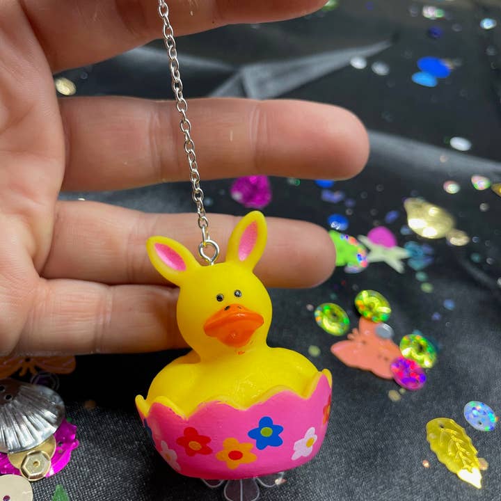R59Creates - Wholesale Dangle earrings - Easter Themed Lil Rubber Ducky Earrings! In Yellow Bunny, Blue Bunny, Pink Bonnet, And Purple Egg W/ Gold, Silver Or Silver Drop Chain!1