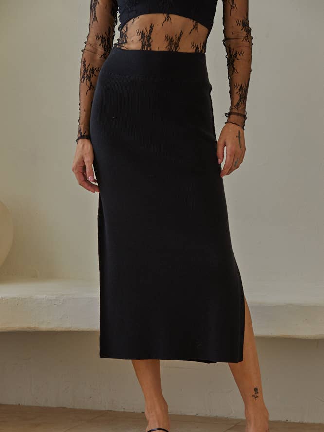 Black W1336 | Knit Sweater Ribbed High Waisted Midi Skirt for wholesale on Faire0