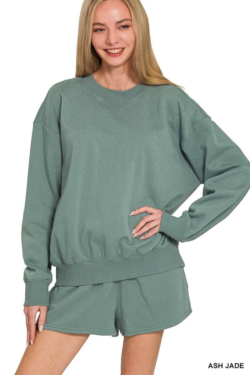 ASH JADE Zenana Fleece Long Sleeve Sweatshirts & Shorts Set for wholesale on Faire