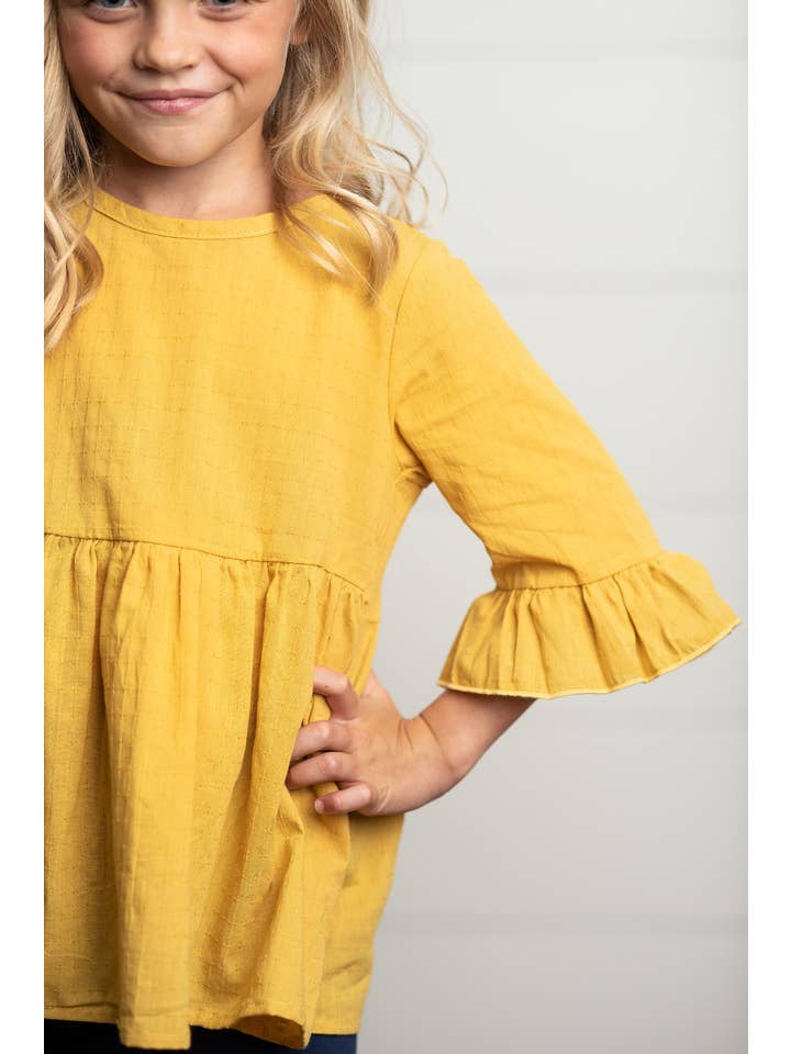 Adorable Sweetness - Wholesale T-Shirt - Kids - Kids Mustard Ruffle Long Sleeve Shirt With Buttons