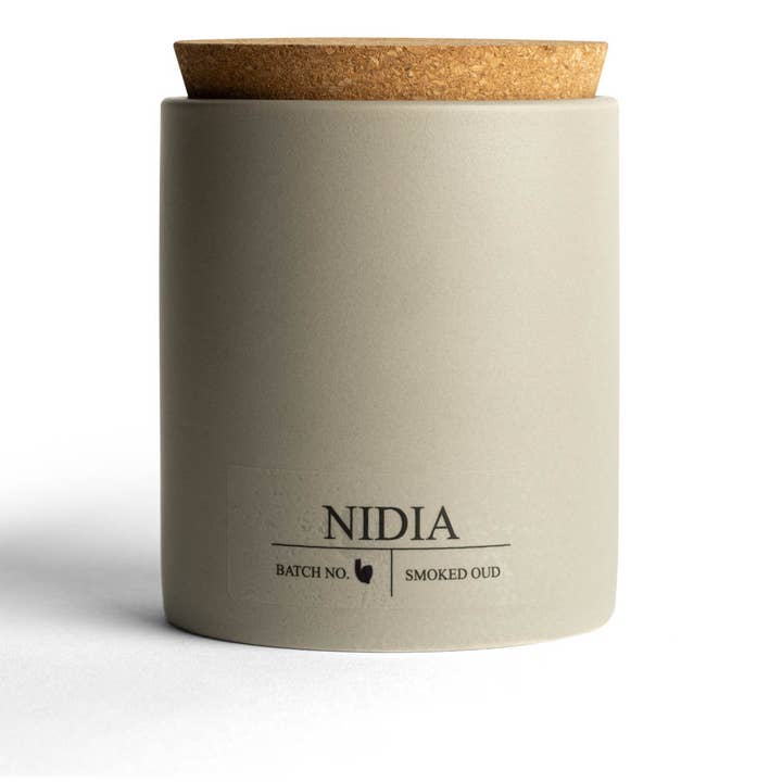 Handmade U.S. Soy Candle- 12 Ounce Double Wick: Smoked Oud for wholesale by Nidia Candles