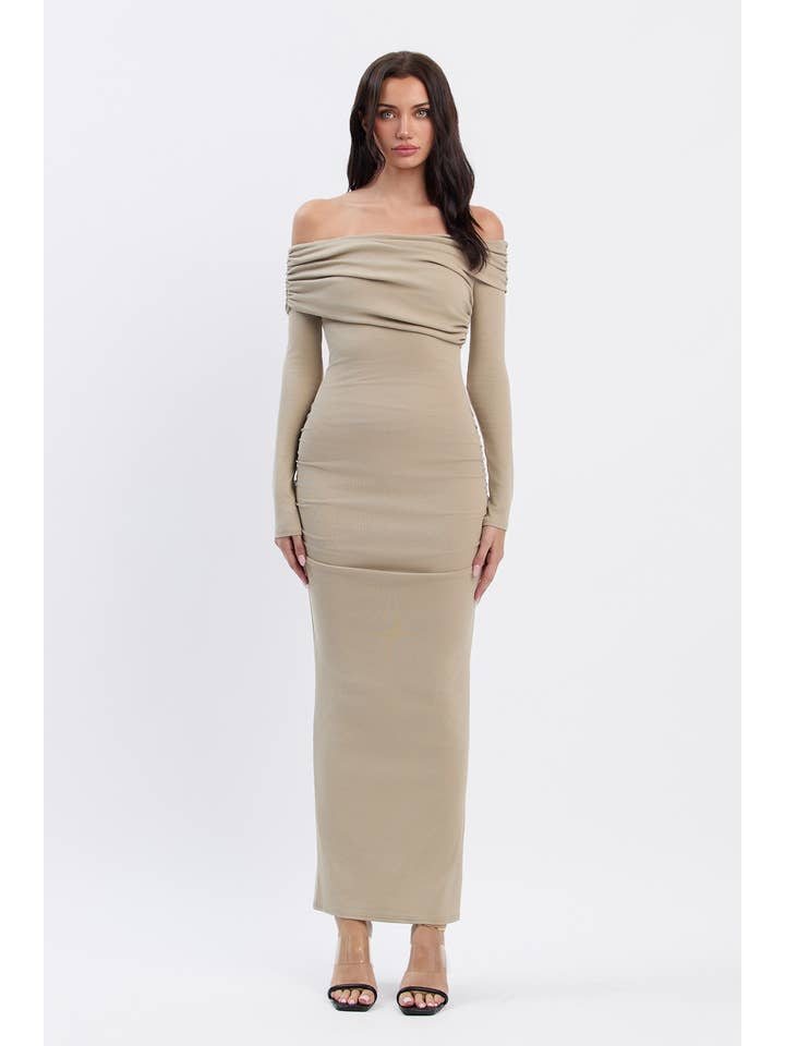 No Vacancy - Wholesale Dress - Women's - Ruched long sleeve bardot neckline maxi dress