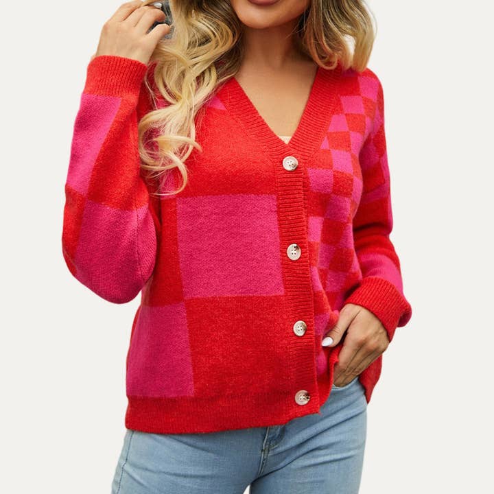 The Moment Collection - Wholesale Cardigan - Women's - Trendy Geometrical Pattern Button-Up Cardigan Sweater