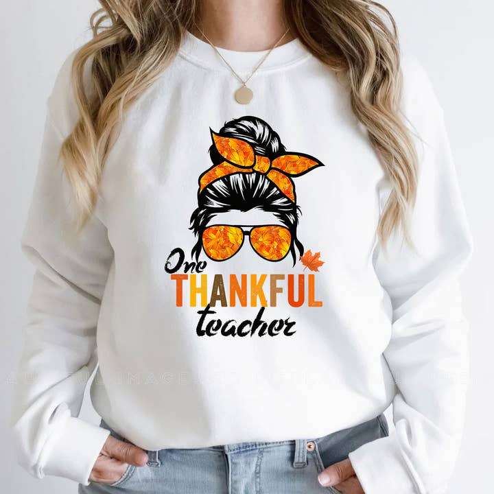 One Thankful Teacher Shirt, Messy Bun Teacher Thanksgiving for wholesale by ShopLukeGifts