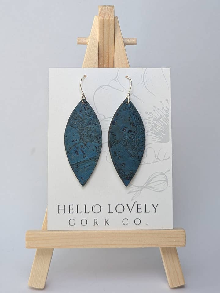Deep Teal Cork Earrings - Small Leaf for wholesale by Hello Lovely Cork Co.