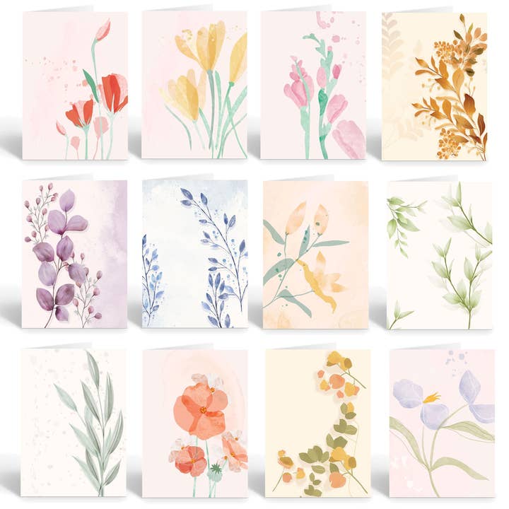 Assorted Floral Watercolor Note Cards Set of 12 for wholesale by Stonehouse Collection