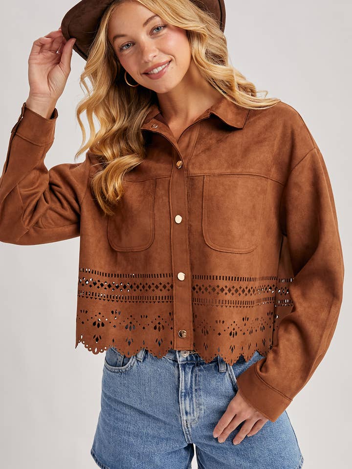 WESTERN BUTTON DOWN DIE-CUT FAUX SUEDE CROPPED JACKET for wholesale by Bluivy