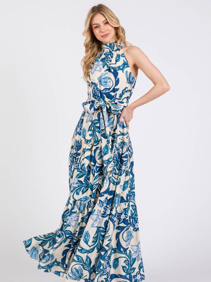 B I G H I T Fashion - Wholesale Dress - Women's - Floral Print Halter Neck Tiered Maxi Dress HD2970-BLUE