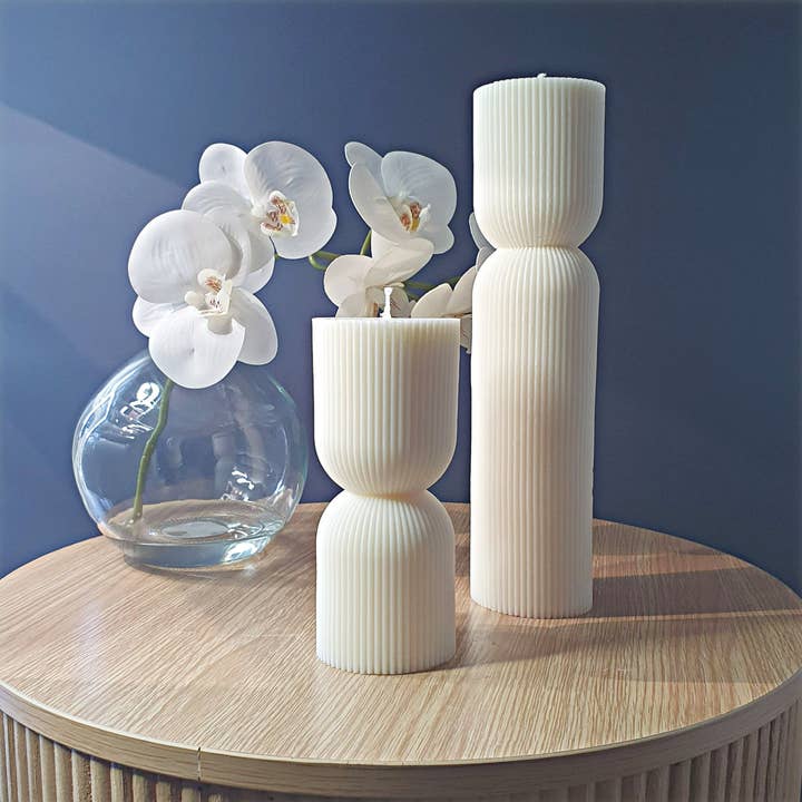 Tara | Nordic Ribbed Stripe Pillar Eco Soy Candle for wholesale by Maison De Lueur
