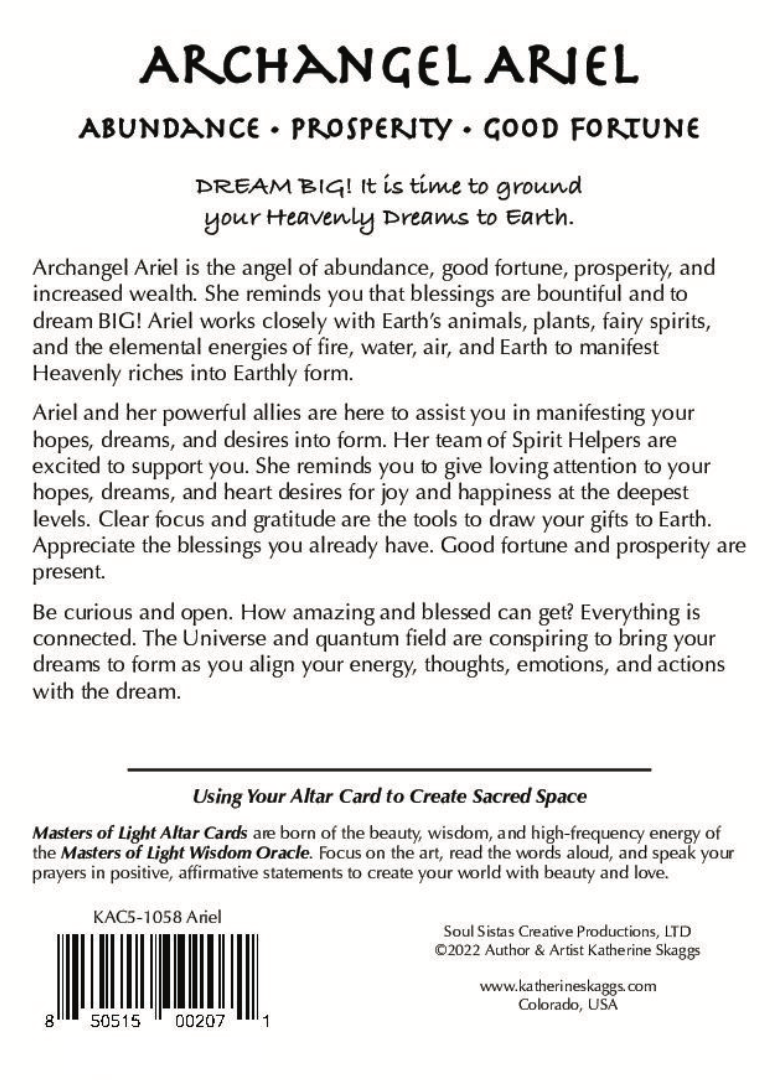 Katherine Skaggs - Wholesale Religious Card - Archangel Ariel - Abundance Angel1