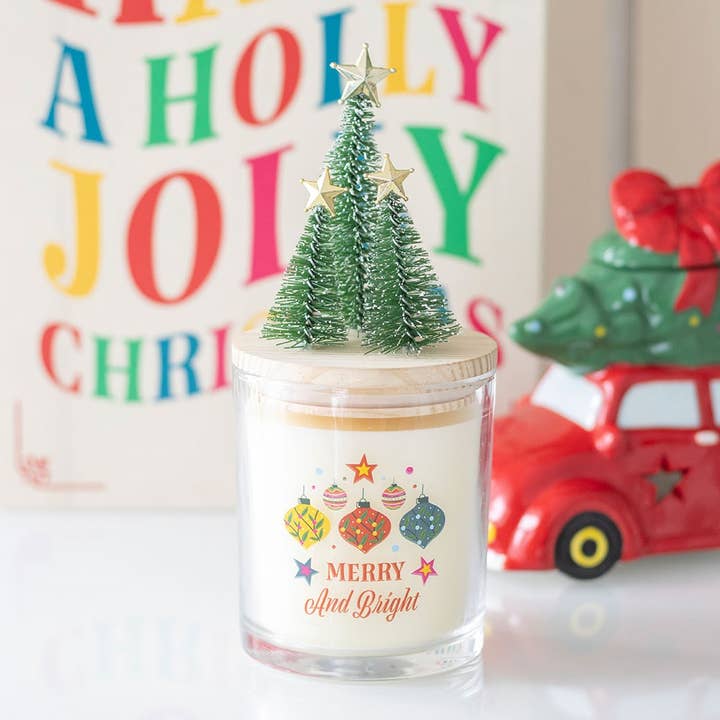 Merry and Bright Cinnamon & Spice Christmas Candle with Tree for wholesale by Something Different Wholesale