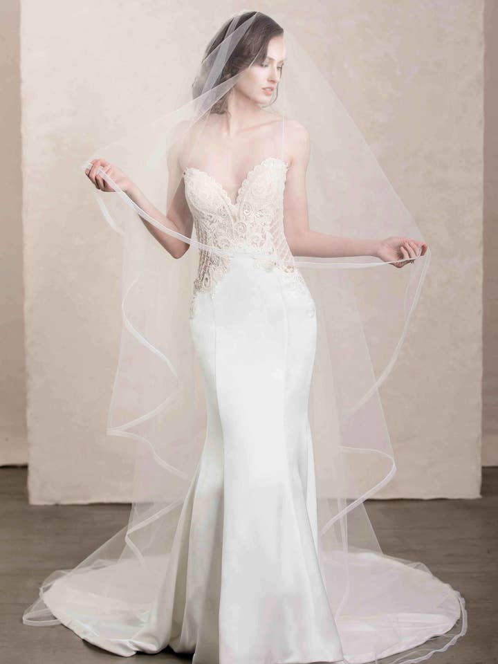 Ilyse Horsehair and Beaded Trimmed Cathedral Veil for wholesale by Ariel Taub
