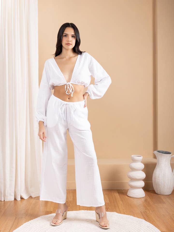 Drawstring Wide Leg Cotton Resort Pants - White for wholesale by Seaspice Resort Wear