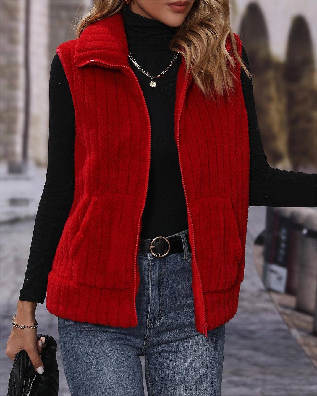 Rosa Clothing - Wholesale Outerwear Vest - Women's - Sherpa plush fleece zip outerwear vest5