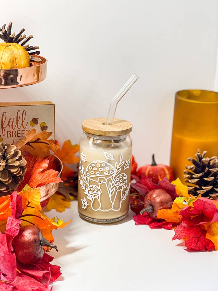Boîte en verre d'automne aux champignons, verres d'automne pour la vente par HH and Grace Co