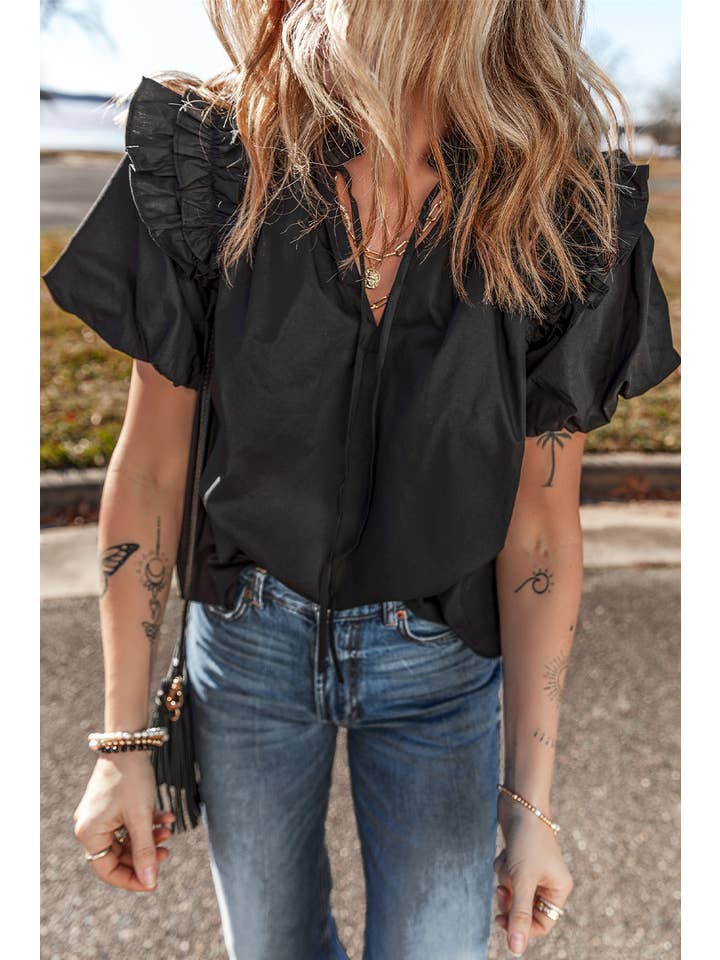 Black LDC Ruffled Puff Short Sleeve Loose Blouse for wholesale on Faire