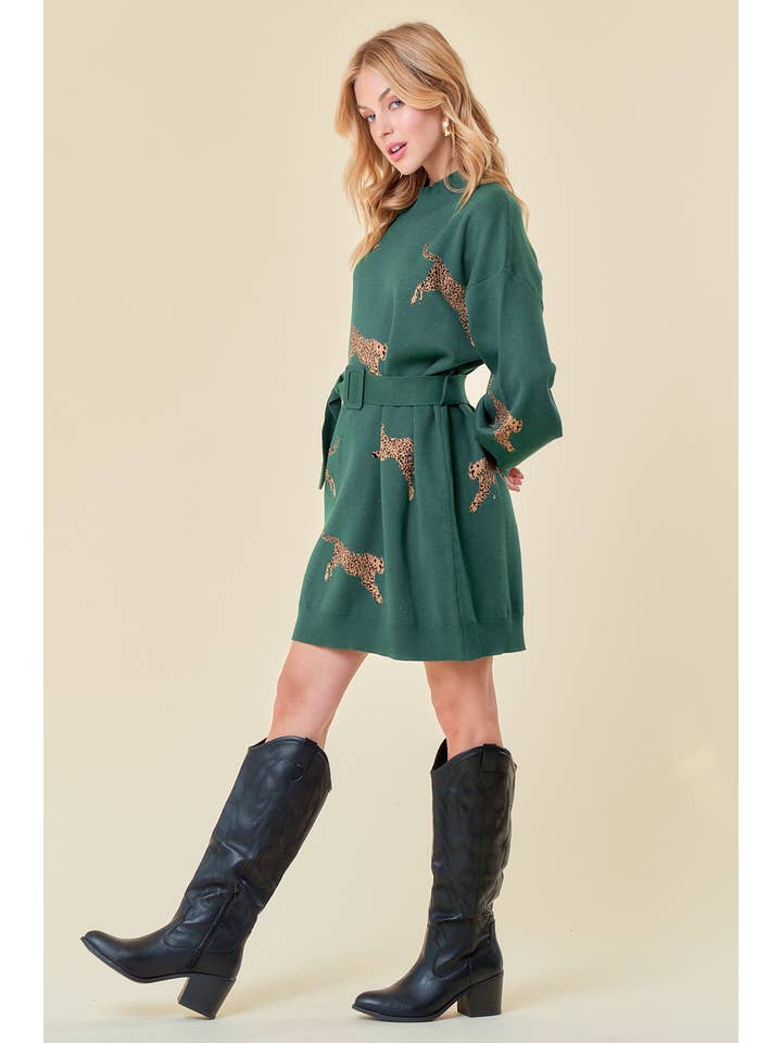 FOREST CHEETAH SWEATER BELTED DRESS - 1702C for wholesale on Faire3