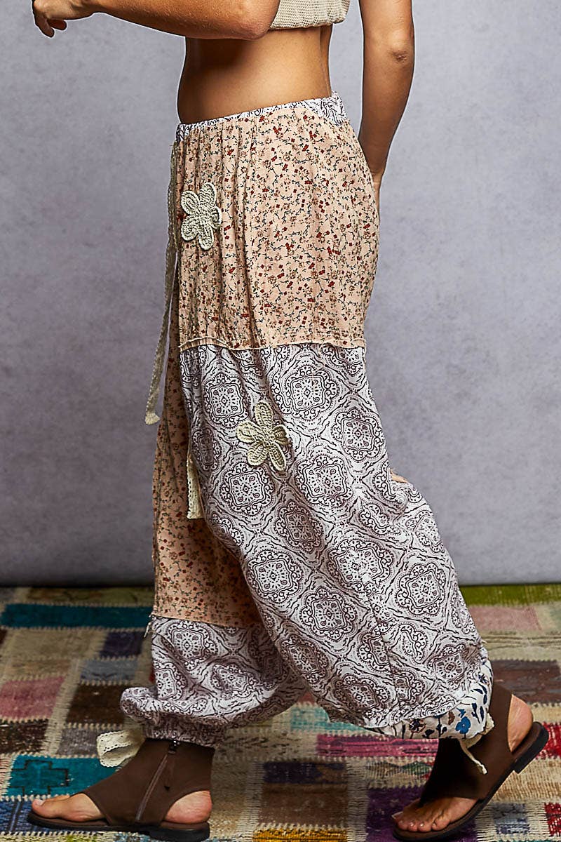 Pol Clothing - Wholesale Pants - Women's - Crochet patch detail contrast patchwork printed woven pants24